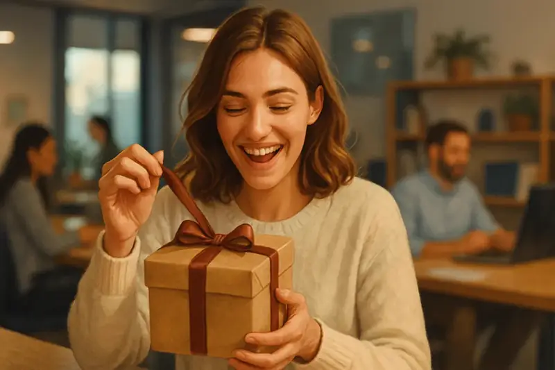 Mitarbeiterin freut sich über ein persönliches Geschenk